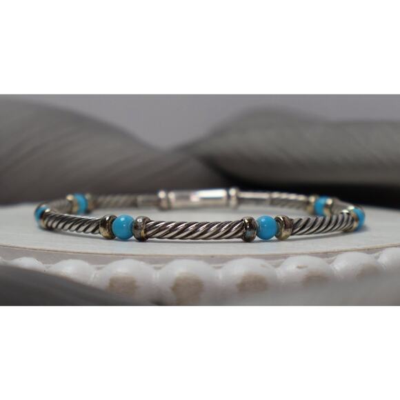 David Yurman 925 & 14k Turquoise Bead Cable Bracelet 9.6G / 7in - Picture 1 of 6